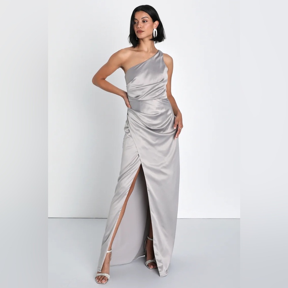 Lulus Grey Satin One-Shoulder Maxi Dress size medium